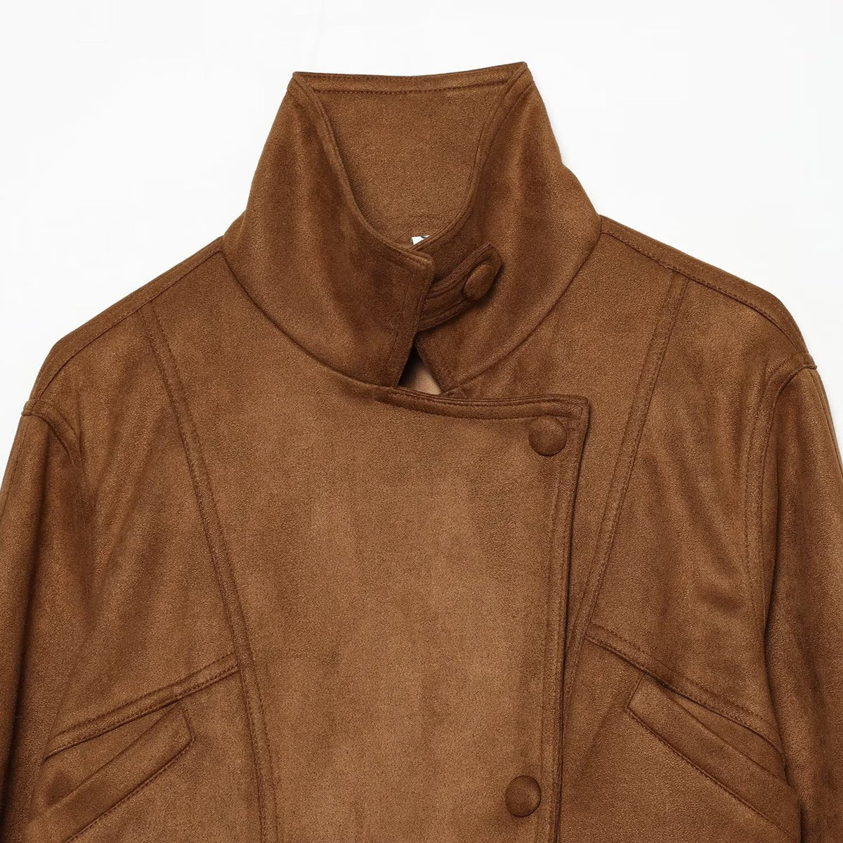 Women's tailored short jacket made of soft suede imitation with asymmetrical button placket and tie belt EVA-US