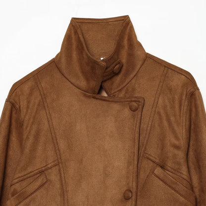 Women's tailored short jacket made of soft suede imitation with asymmetrical button placket and tie belt EVA-US
