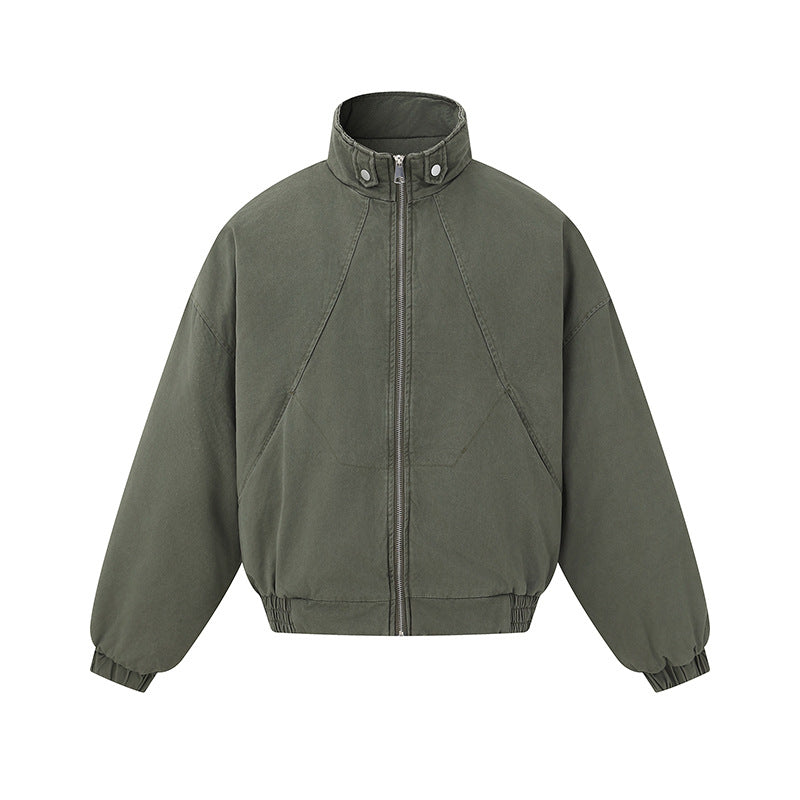 Unisex Boxy-Canvas-Bomber Jacket with High Stand-Up Collar, Diagonal Seam Design and Elastic Hem EVA-US