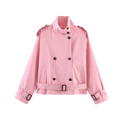 Women's Short Double-Breasted Waist Belt Trench Coat with High Funnel Collar and Shoulder Straps EVA-US