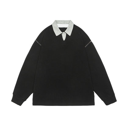 Unisex Oversize Polo Collar Sweatshirt with Contrast Collar and Decorative Perforation EVA-US