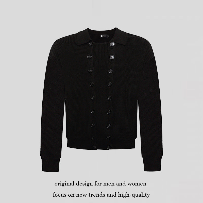 Men's Double-Breasted Knit Cardigan with Shirt Collar and Ribbed Cuffs EVA-US