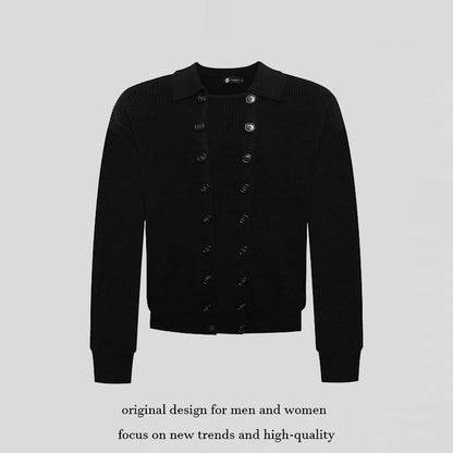 Men's Double-Breasted Knit Cardigan with Shirt Collar and Ribbed Cuffs EVA-US
