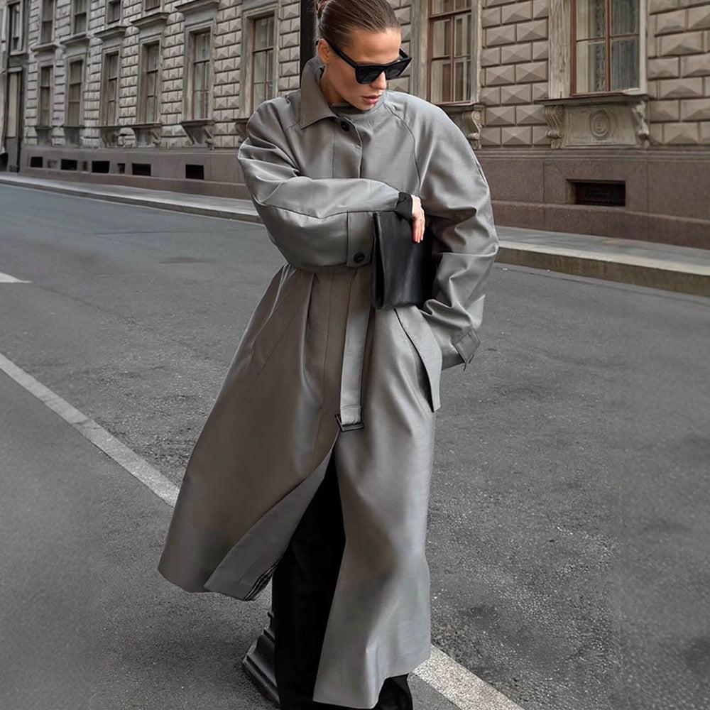 Women Oversized Trench Coat with High Stand Collar, Tie Belt and Concealed Button Placket EVA-US
