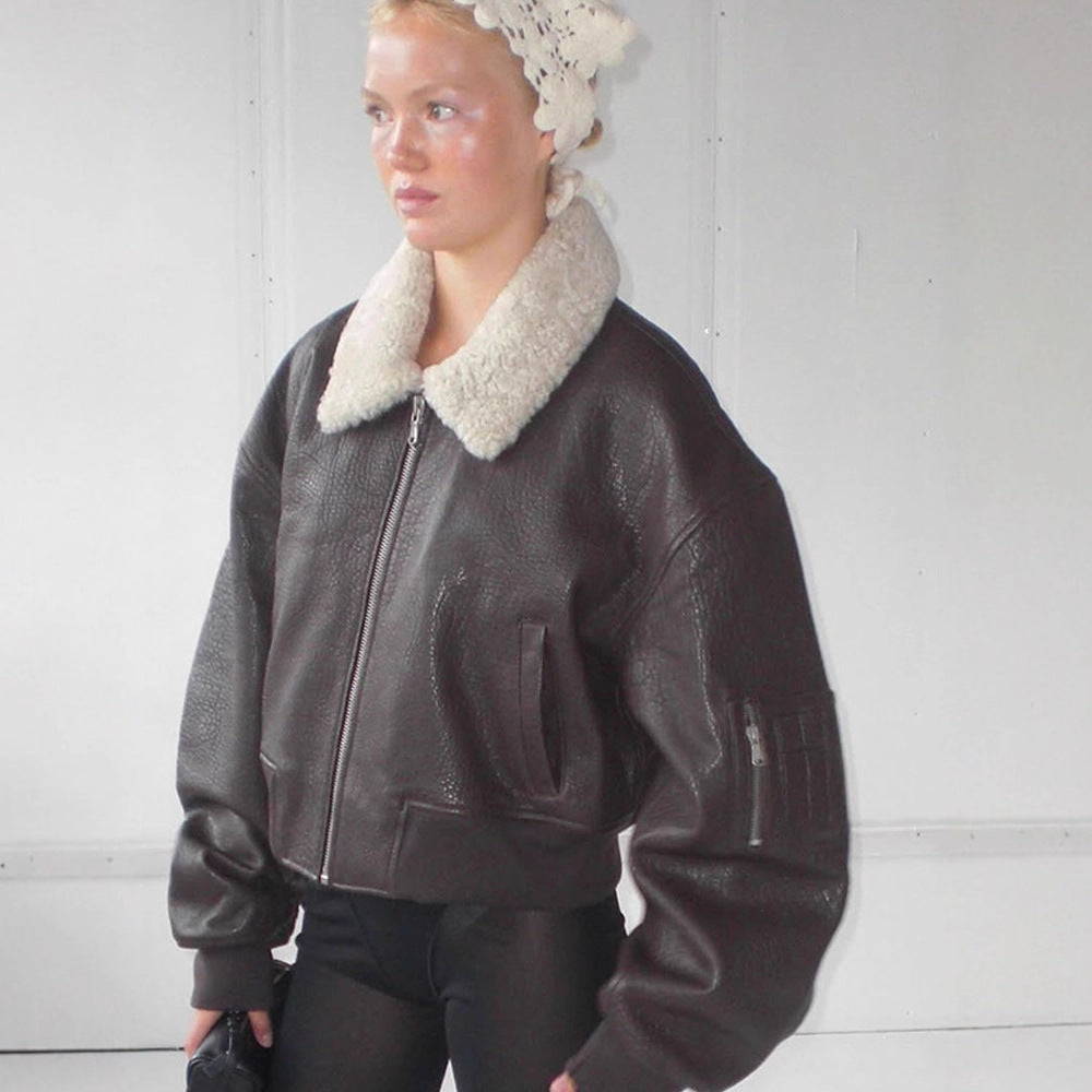 Women's oversized aviator jacket in biker-bomber style with teddy collar EVA-US
