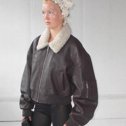 Women's oversized aviator jacket in biker-bomber style with teddy collar EVA-US