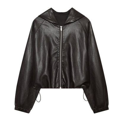 Women's Cropped Faux Leather Bomber Jacket with Hood, Drawstring and Elastic Cuffs EVA-US