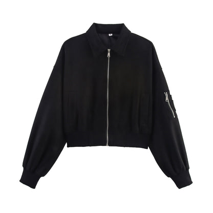 Women's cropped bomber jacket in velour look with shirt collar, sleeve pocket, and fitted ribbed waistband.