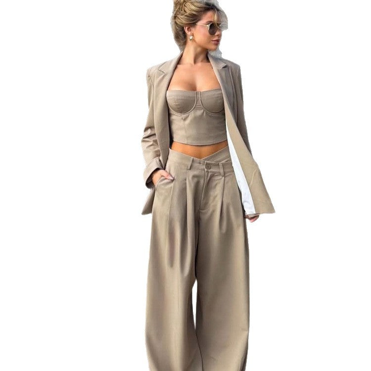 Women's Three-Piece Tailoring Set with Corset Top, Oversized Blazer, and Pleated Wide-Leg Pants EVA-US