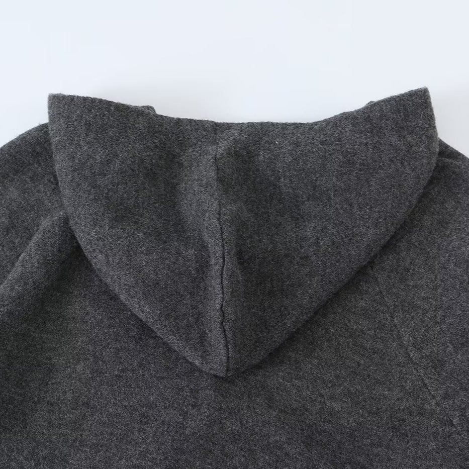 Women Long Hooded Cardigan with Full Button Placket and Ribbed Cuffs EVA-US