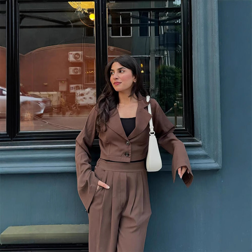 Ladies Two-Piece Tailoring Set Short Blazer with Bell Sleeves and High-Waist Palazzo Pants EVA-US