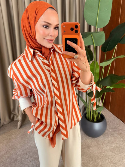 Women Striped Oversized Shirt Blouse with Ties on Sleeves and Concealed Button Placket EVA-US