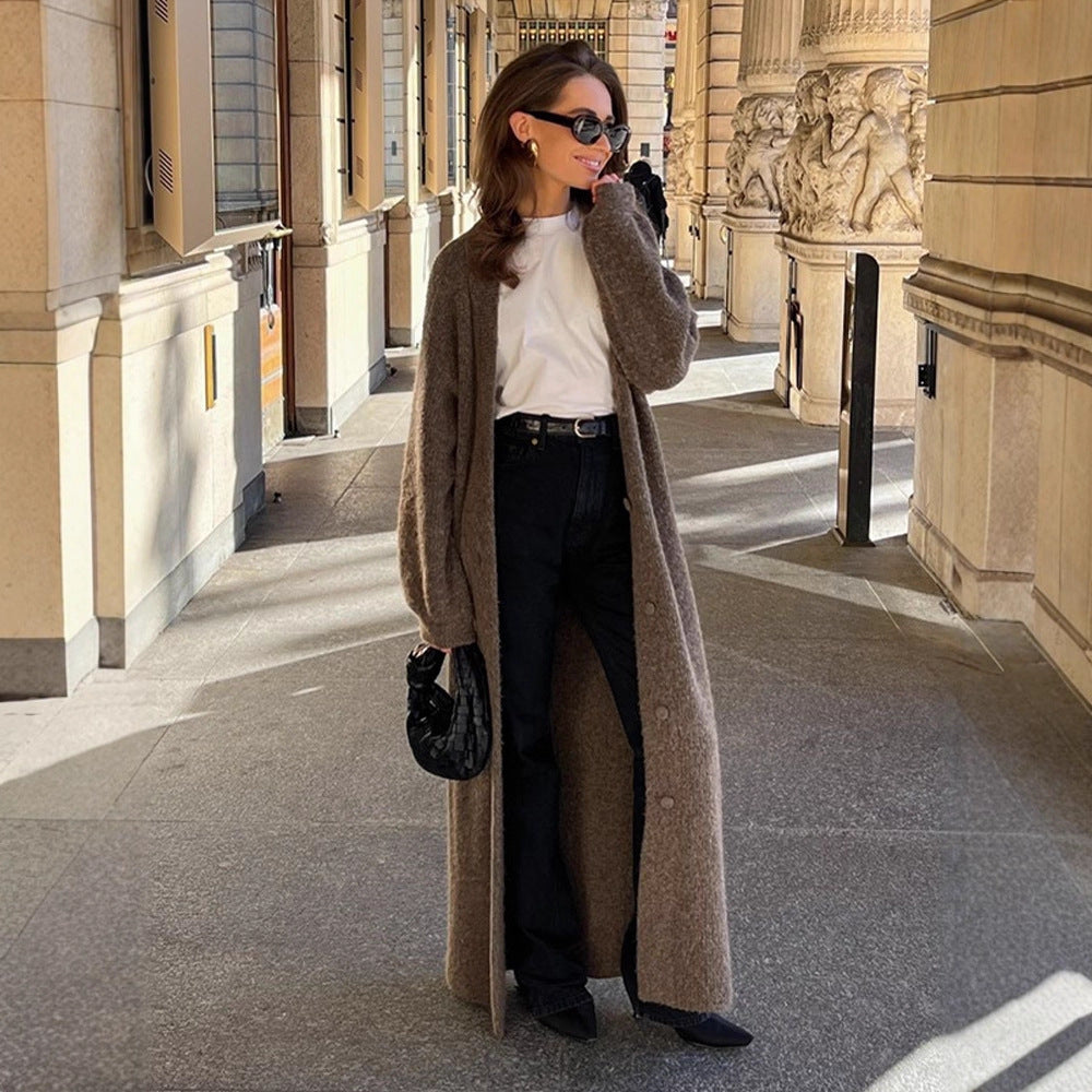Women's Maxi Long Knit Coat in Mohair Look with Concealed Button Placket and Loose Silhouette EVA-US