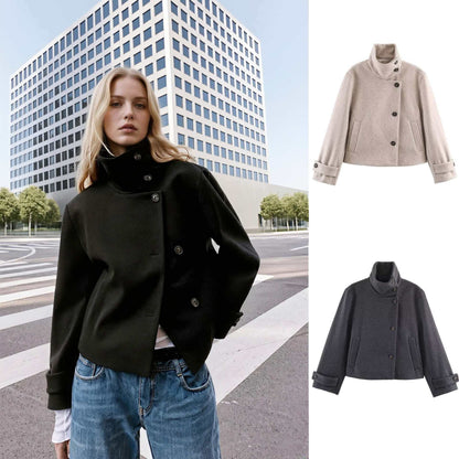 Women's short wool coat with high stand-up collar, asymmetric button placket and adjustable cuff straps EVA-US