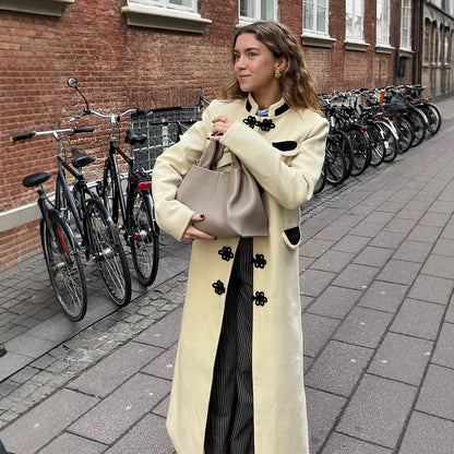 Women's Maxi-Length Tailored Wool Blend Coat with Stand-Up Collar and Decorative Frog Closures EVA-US