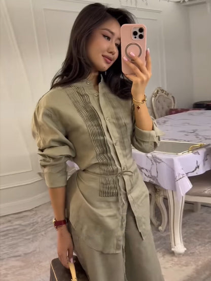 Women Long Shirt Blouse with Fine Pleats, Stand Collar and Tied Belt EVA-US