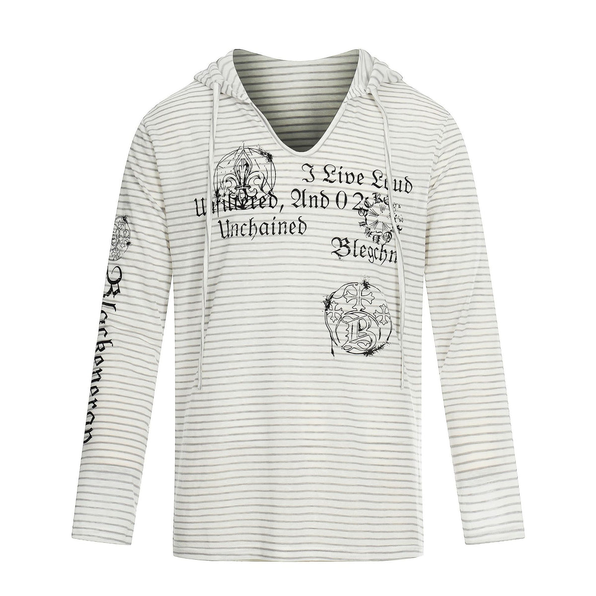 Women's Lightweight Hooded Long Sleeve with V-Neck, Striped Pattern and Vintage Print EVA-US