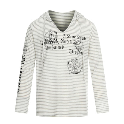 Women's Lightweight Hooded Long Sleeve with V-Neck, Striped Pattern and Vintage Print EVA-US