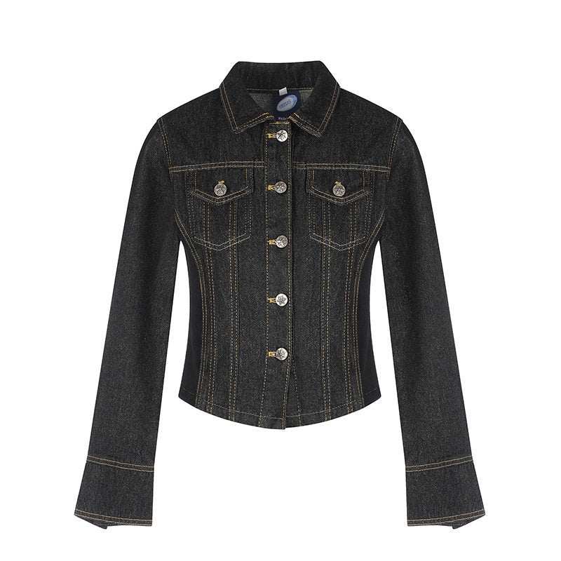 Women's tailored cropped denim jacket with shaping seams, chest patches, and decorative buttons EVA-US