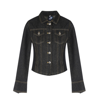 Women's tailored cropped denim jacket with shaping seams, chest patches, and decorative buttons EVA-US
