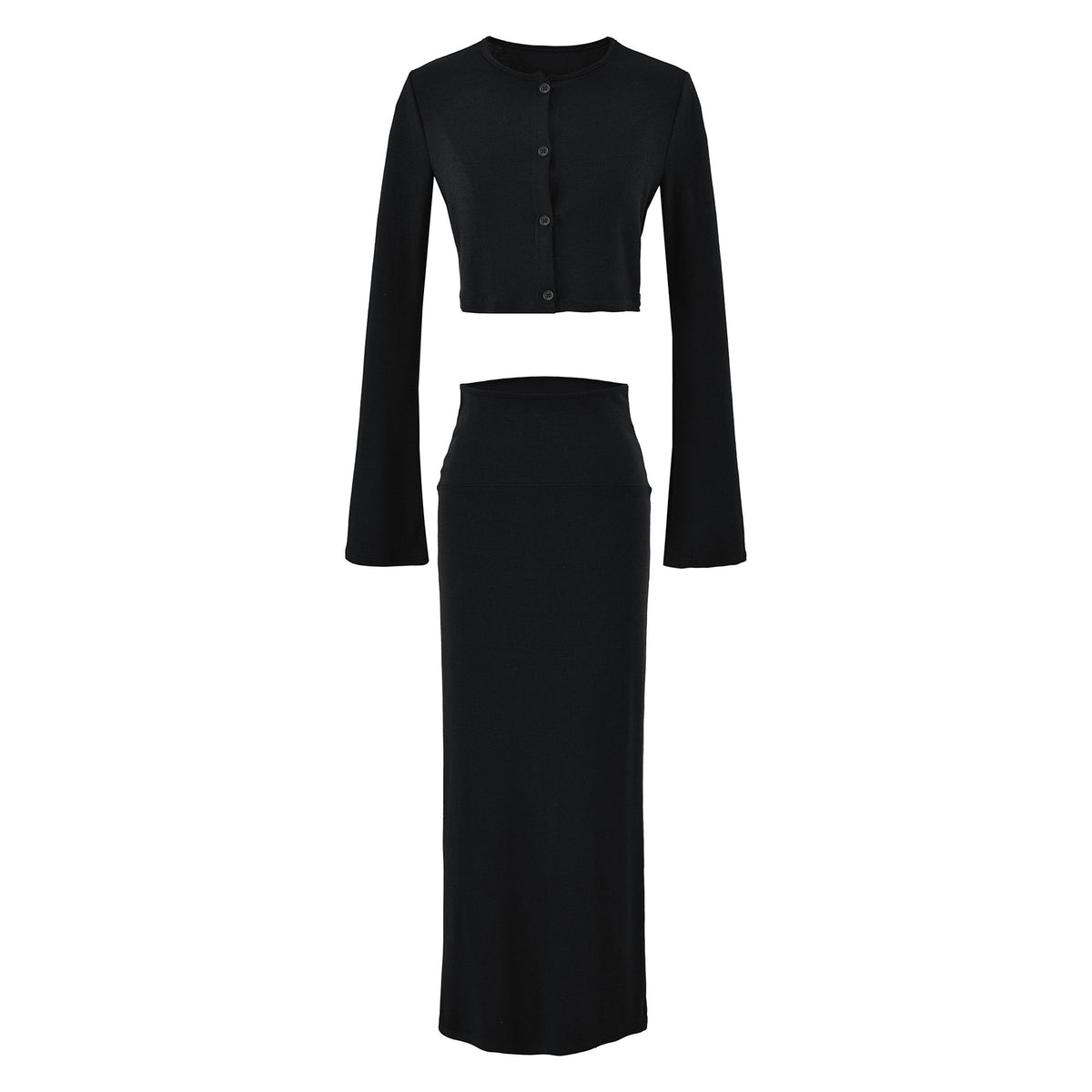Ladies' cropped set made of fine knit with button cardigan and figure-hugging maxi skirt EVA-US
