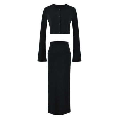Ladies' cropped set made of fine knit with button cardigan and figure-hugging maxi skirt EVA-US