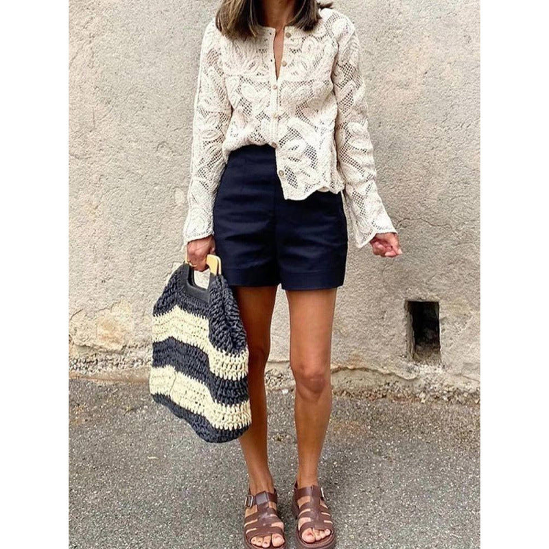 Women's crochet cardigan with floral openwork pattern, button placket & wavy hem EVA-US