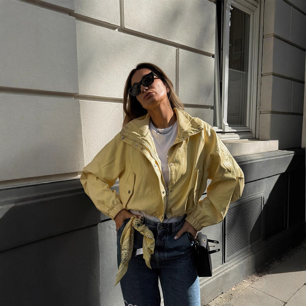 Women's Short Satin Look Bomber Jacket with Zipper, Snap Buttons & Elastic Cuffs EVA-US