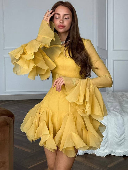 Women Ruffle Chiffon Mini Dress with Ruffles and Transparent Sleeves EVA-US