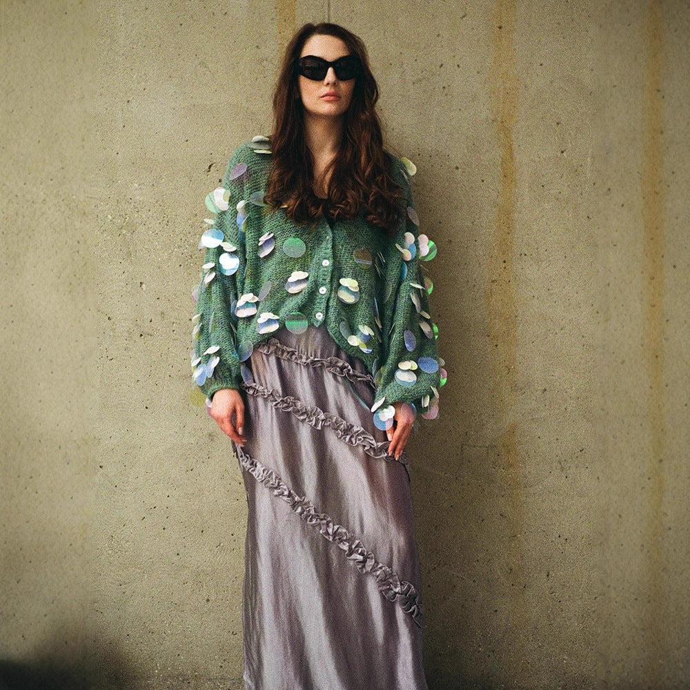 Women's Chunky Knit Mohair Cardigan with Oversized Sequins and Boxy Silhouette EVA-US