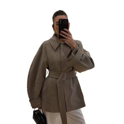 Women's Short Trench Coat with Waist Belt, Dropped Shoulder and Voluminous Balloon Sleeves EVA-US