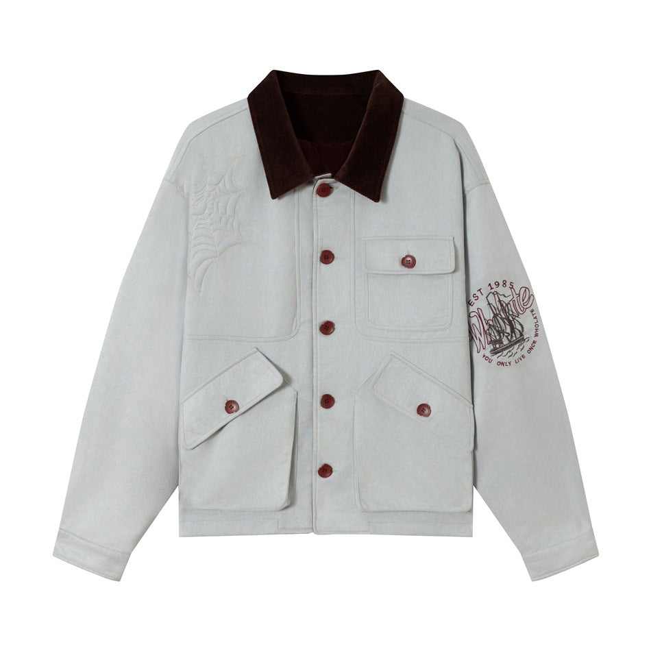 Unisex Boxy Blouson Jacket made of cotton velvet with cord collar, embossed embroidery details and patch pockets EVA-US