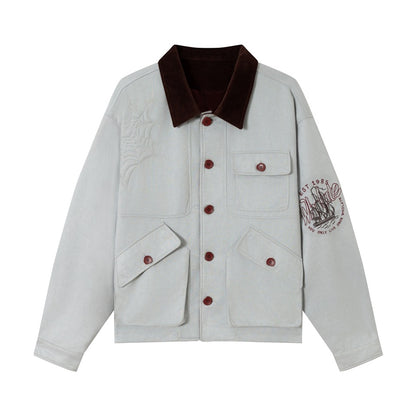 Unisex Boxy Blouson Jacket made of cotton velvet with cord collar, embossed embroidery details and patch pockets EVA-US