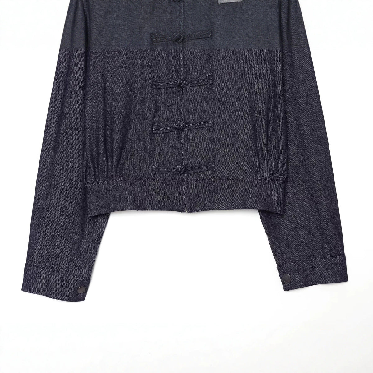 Women's Cropped Jeans Jacket in China Style with Mandarin Collars and Knot Closures EVA-US