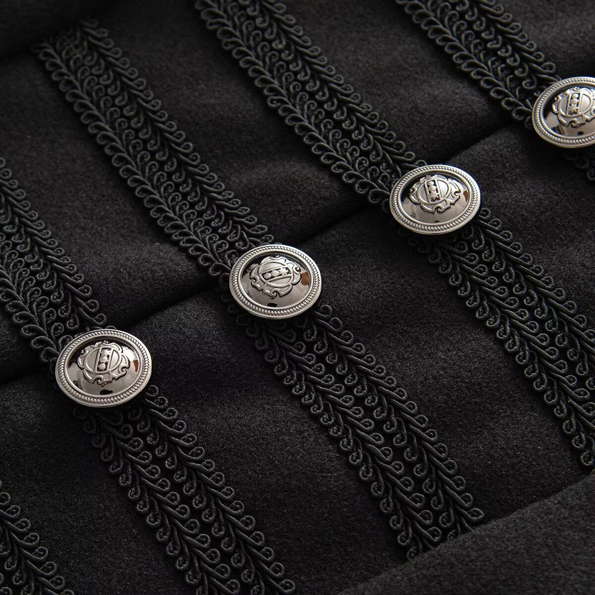 Women's short jacket in hussar style with stand-up collar, decorative cords and metal button placket EVA-US