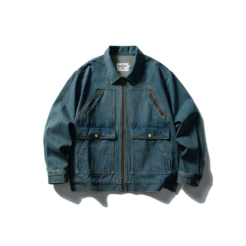 Unisex Boxy Denim Utility Blouson Jacket with multiple front pockets and sturdy zipper EVA-US