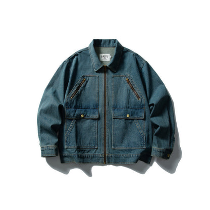 Unisex Boxy Denim Utility Blouson Jacket with multiple front pockets and sturdy zipper EVA-US