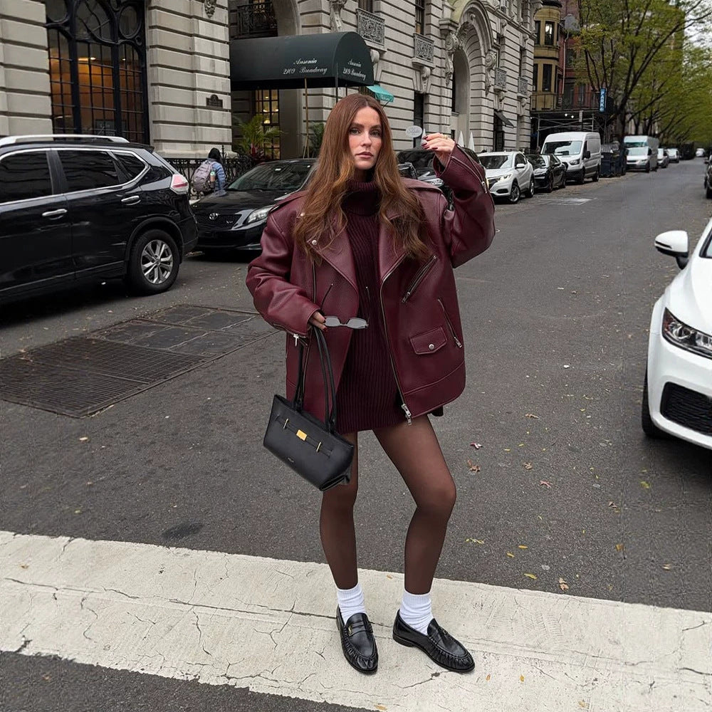 Women's Oversize Biker Jacket made of textured faux leather with asymmetrical zipper EVA-US
