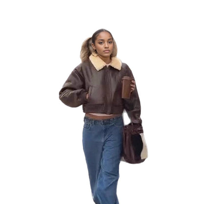 Women's oversized aviator jacket in biker-bomber style with teddy collar EVA-US