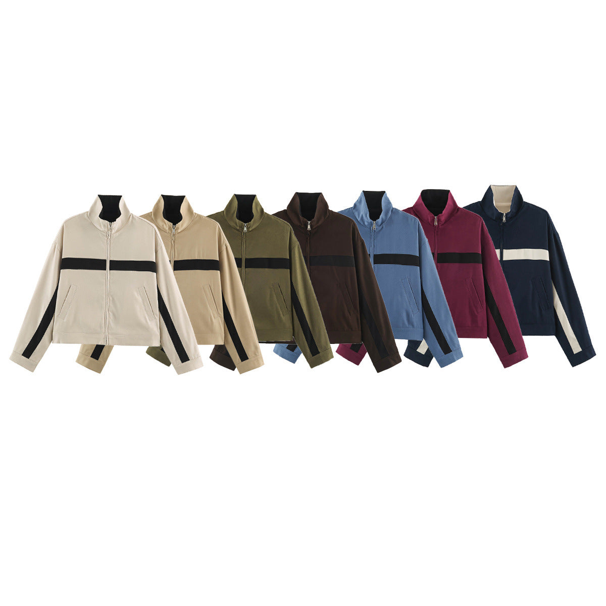 Ladies Cropped Track Jacket with Stand-up Collar, Zipper and Side Contrast Stripes EVA-US