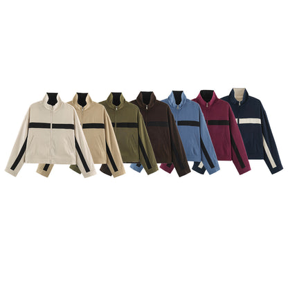Ladies Cropped Track Jacket with Stand-up Collar, Zipper and Side Contrast Stripes EVA-US