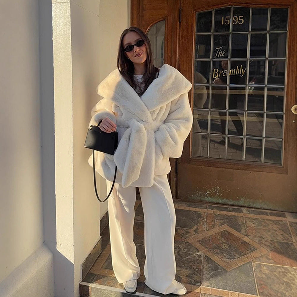 Women's Oversize Teddy Coat with Extra Large Shawl Collar and Wrap Belt EVA-US