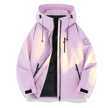 Women Lightweight Waterproof Hooded Jacket with Teddy Charm and Concealed Zipper Pockets EVA-US
