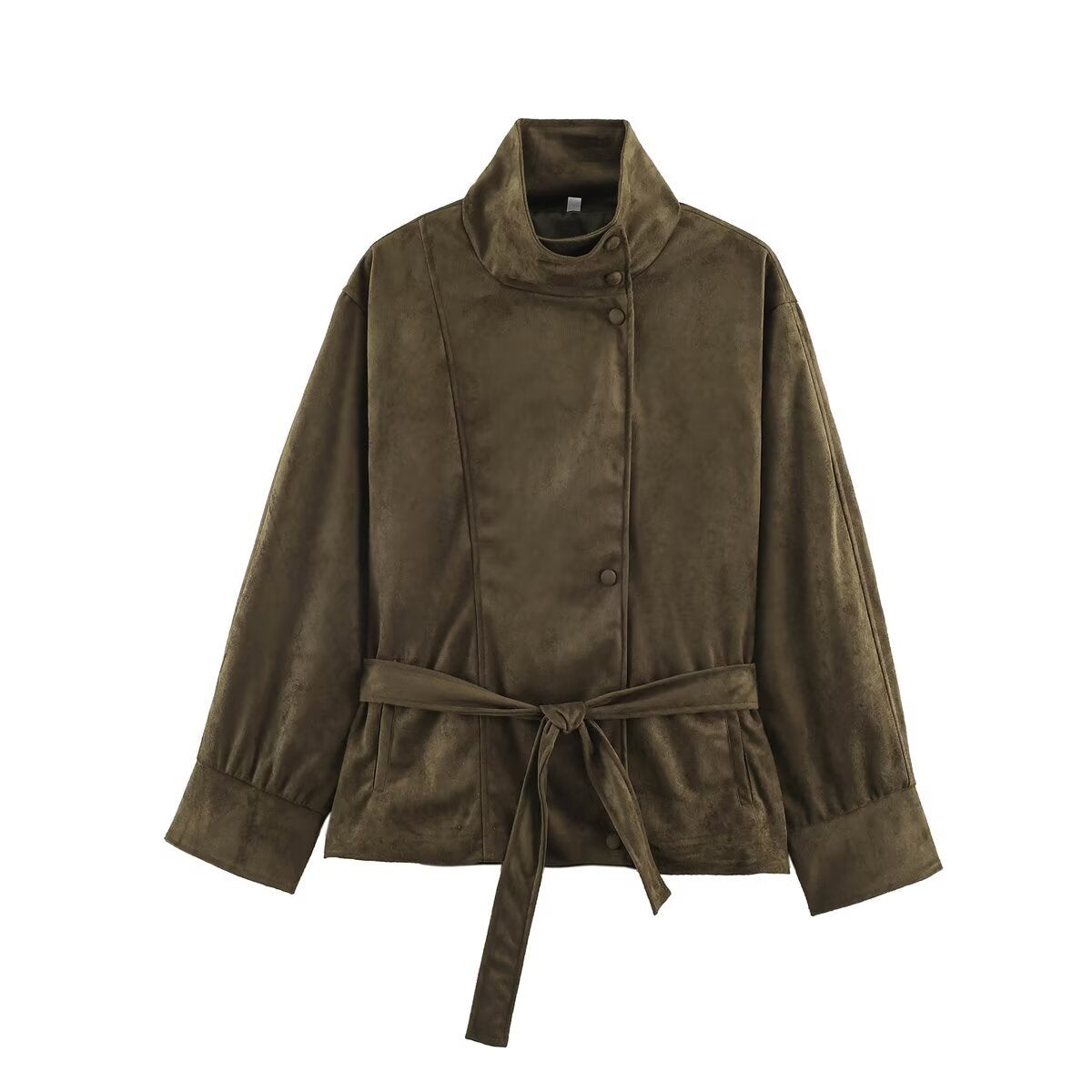 Women's Boxy Wrap Jacket in Velour Look with High Stand-Up Collar and Tie Belt EVA-US