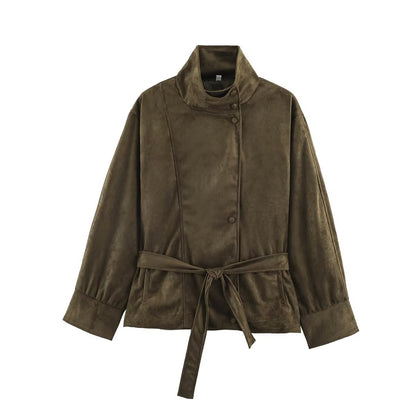 Women's Boxy Wrap Jacket in Velour Look with High Stand-Up Collar and Tie Belt EVA-US