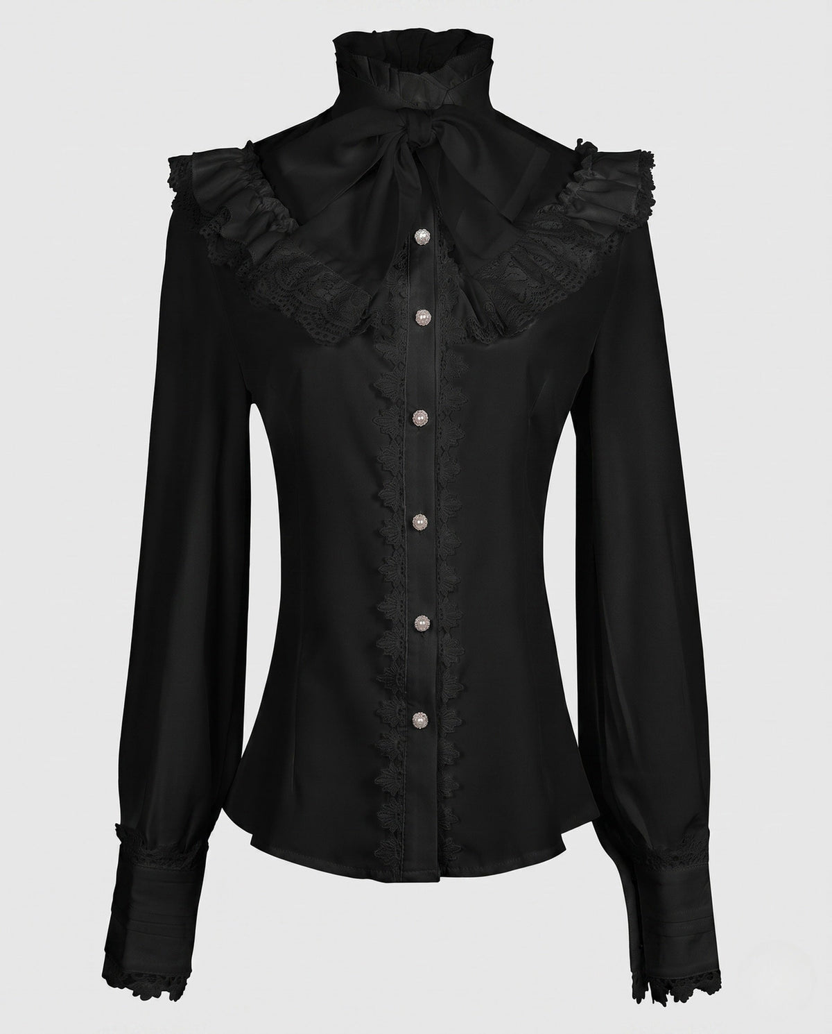 Women's elegant ruffled blouse with high collar and embellished button placket EVA-US