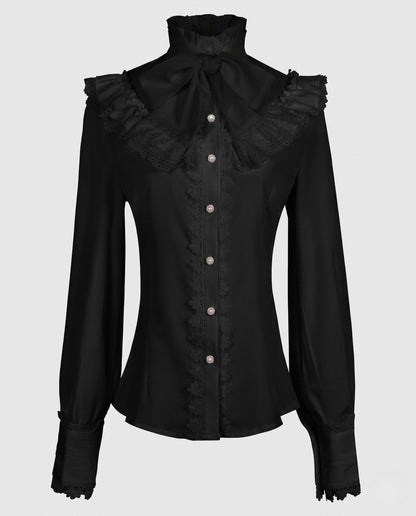Women's elegant ruffled blouse with high collar and embellished button placket EVA-US