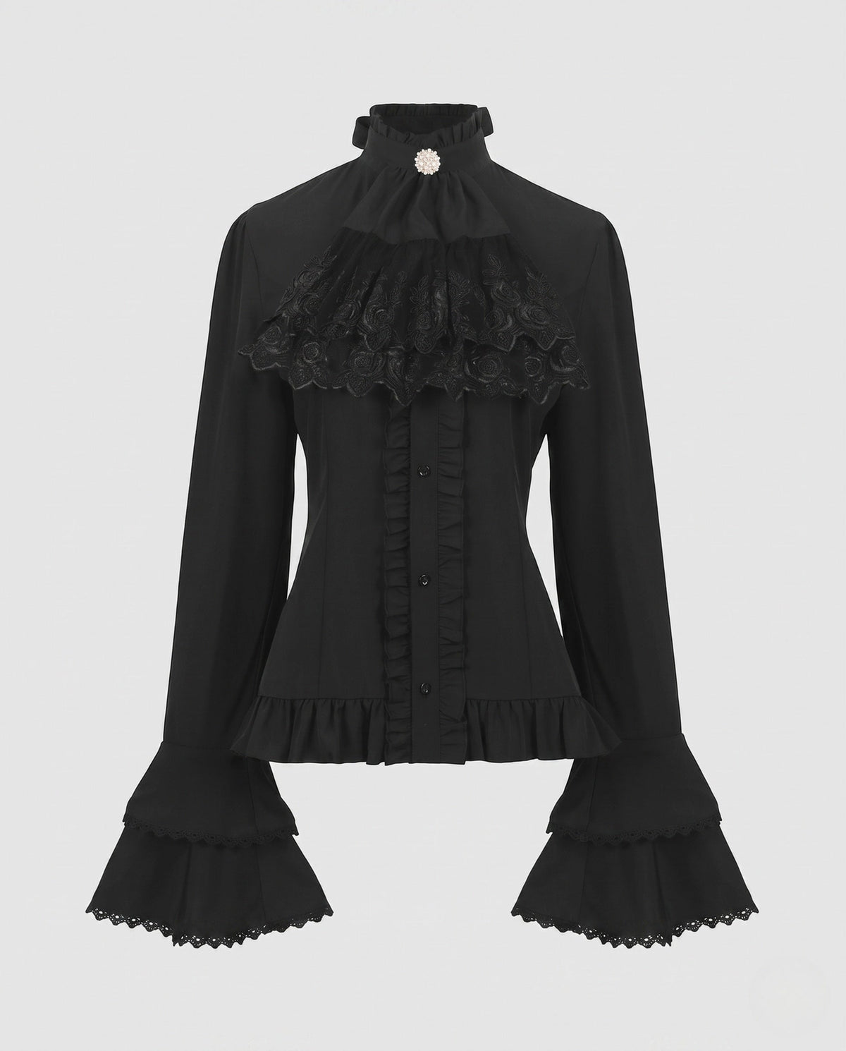 Ladies elegant ruffled blouse with high collar and lace accents EVA-US