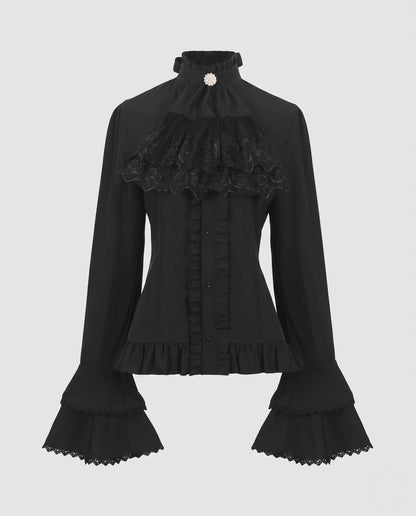Ladies elegant ruffled blouse with high collar and lace accents EVA-US