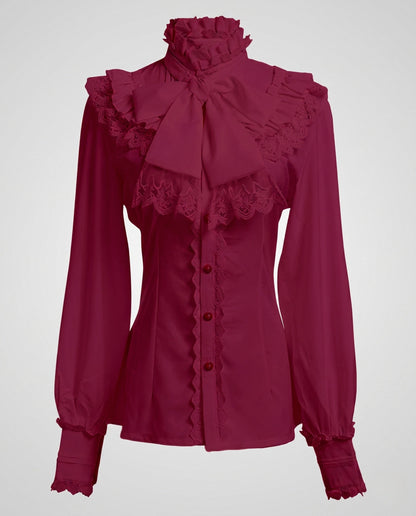 Ladies elegant ruffled blouse with stand-up collar and bow accents EVA-US